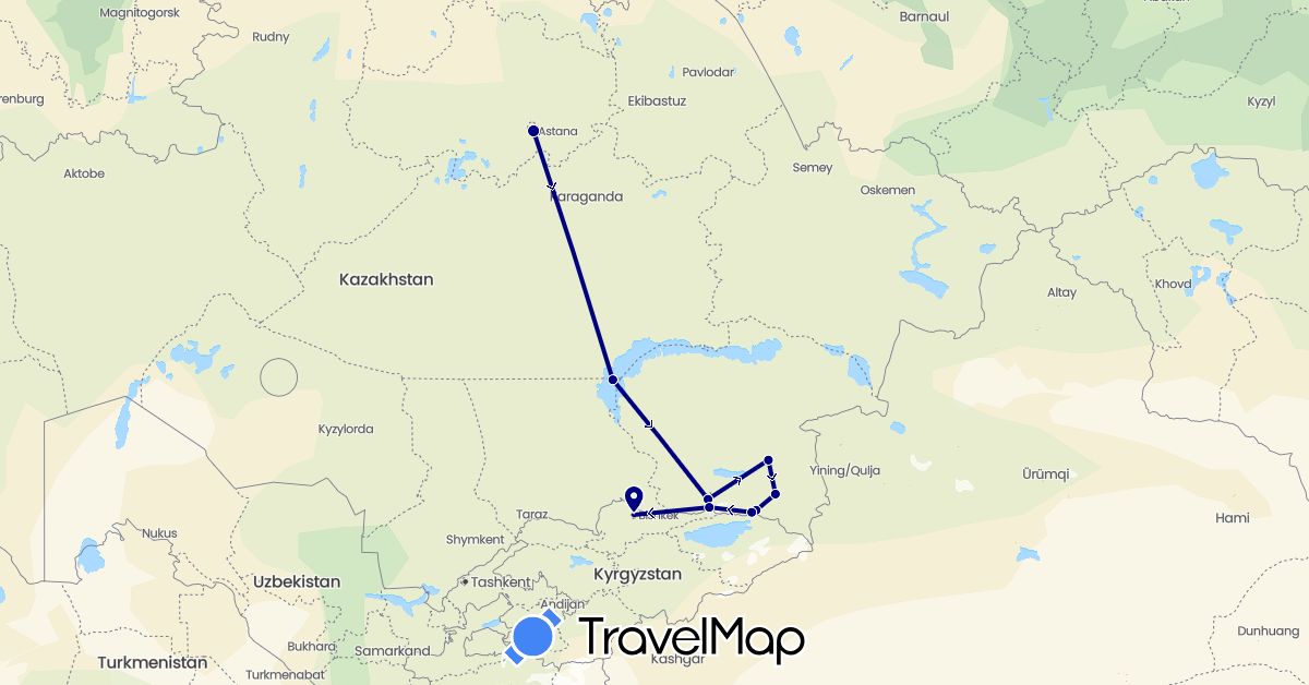 TravelMap itinerary: driving in Kyrgyzstan, Kazakhstan (Asia)